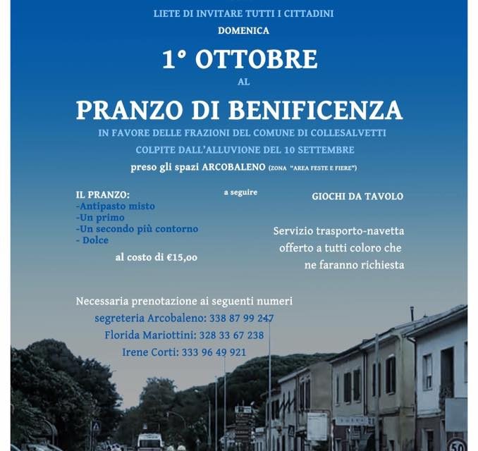 A COLLESALVETTI UN PRANZO DI BENEFICENZA PER I PAESI COLPITI DALL’ALLUVIONE