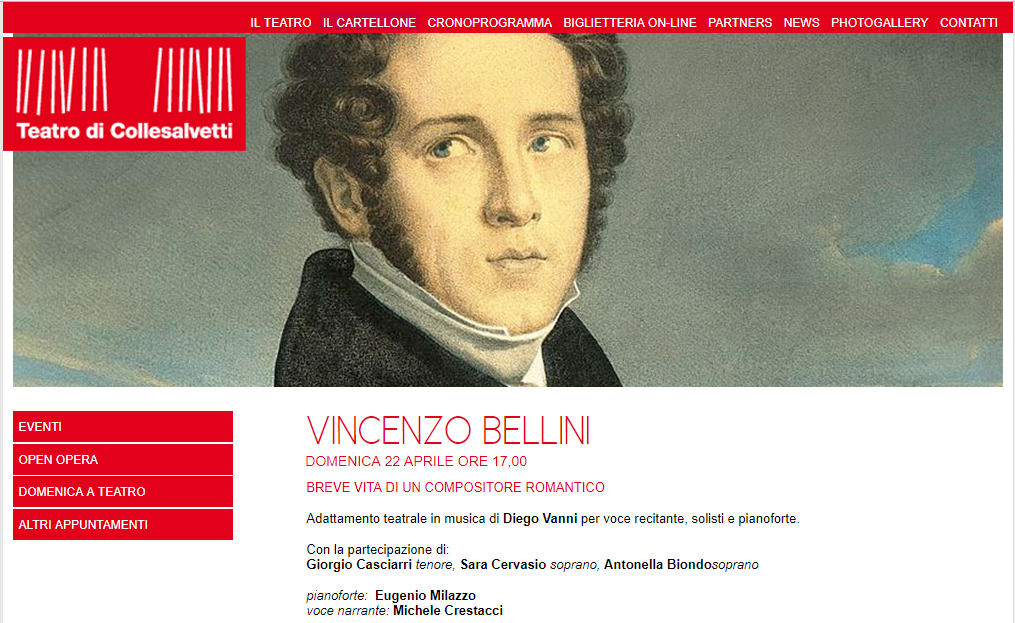 RIMANDATO A FINE APRILE LO SPETTACOLO SUL COMPOSITORE VINCENZO BELLINI AL TEATRO DI COLLESALVETTI