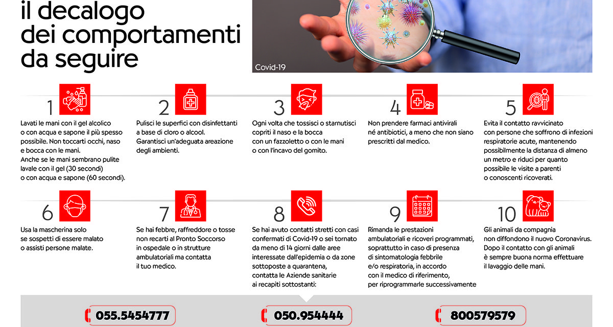 CORONAVIRUS: IL DECALOGO DEI COMPORTAMENTI DA SEGUIRE NELL’INFOGRAFICA DELLA REGIONE TOSCANA