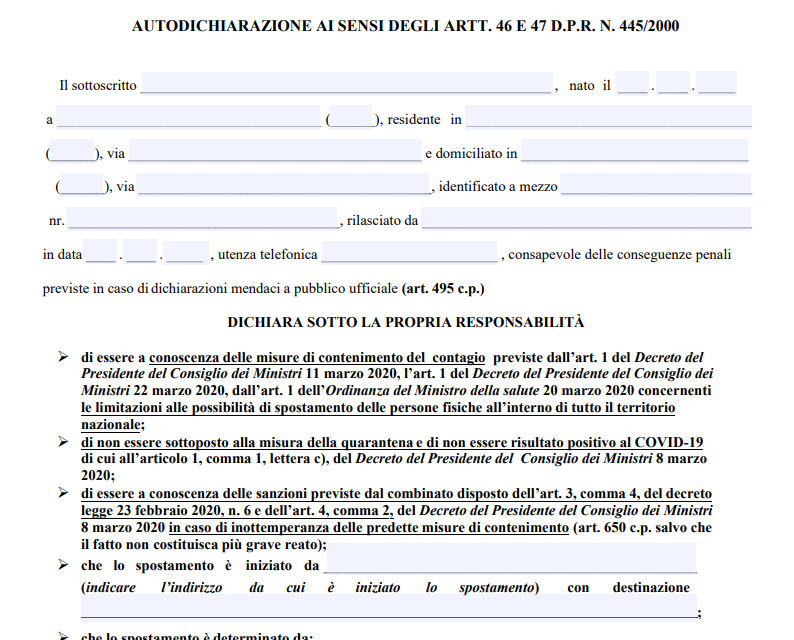 CORONAVIRUS: NUOVO MODELLO DI AUTODICHIARAZIONE PER GLI SPOSTAMENTI
