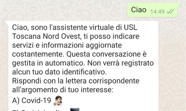 L’ASL TOSCANA NORD OVEST “SBARCA” SU WHATSAPP CON UNA CHATBOT PER DARE INFO SUL COVID
