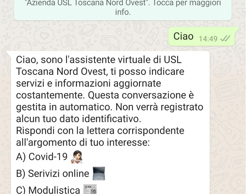 L’ASL TOSCANA NORD OVEST “SBARCA” SU WHATSAPP CON UNA CHATBOT PER DARE INFO SUL COVID