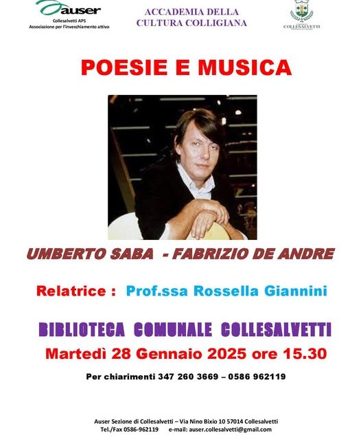 CONFERENZA DELLA BIBLIOTECA COMUNALE “CHIARA CATALDI”: POESIA E MUSICA, TRA UMBERTO SABA E FABRIZIO DE ANDRÉ